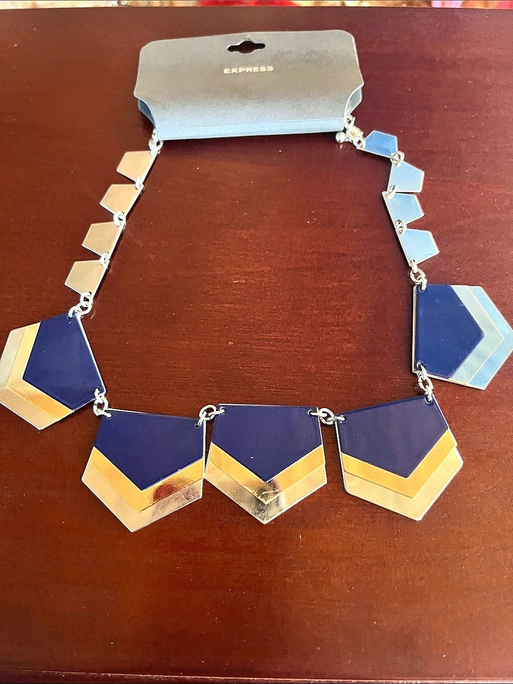 Express Geometric Blue, gold and silver tone Statement Necklace NWT